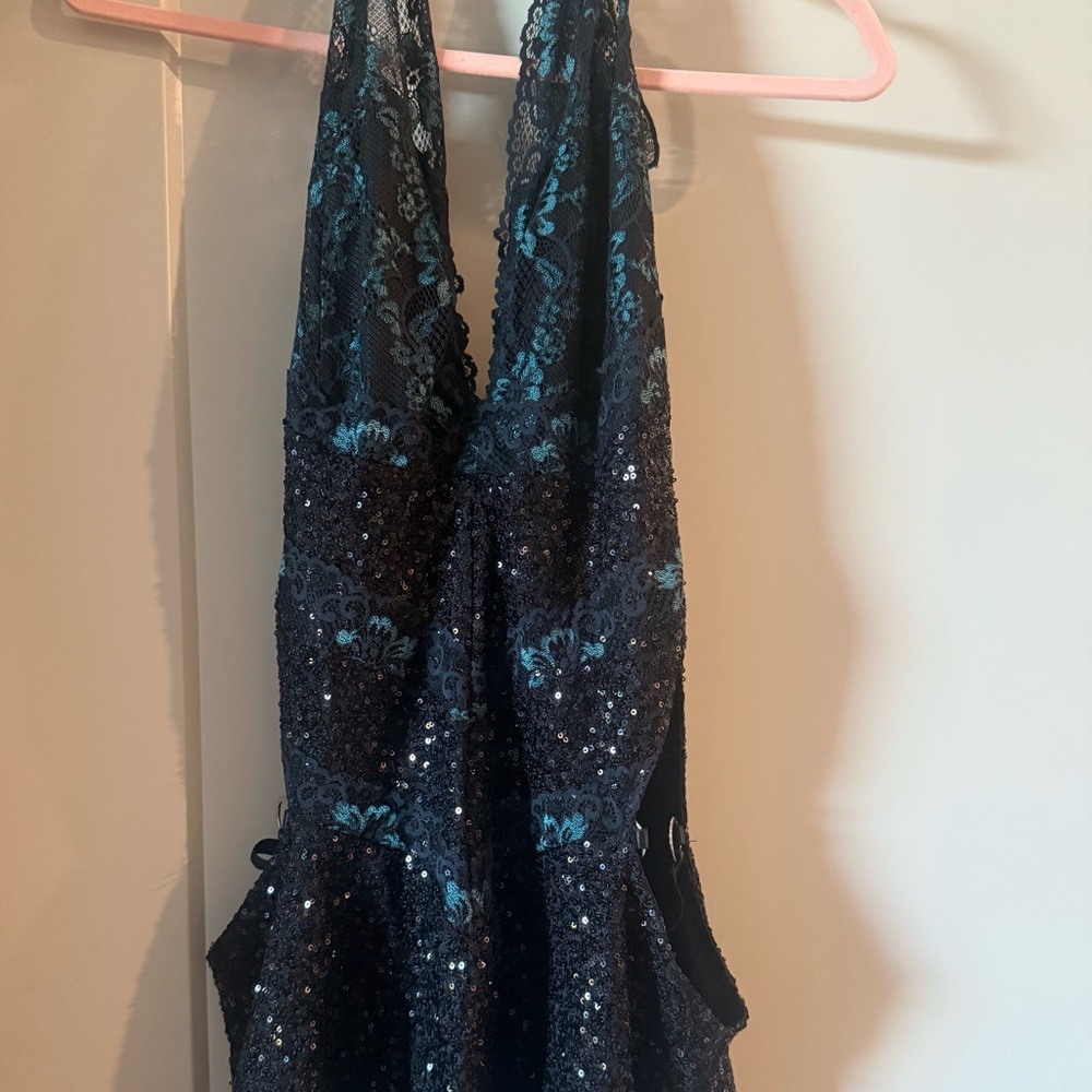 Elegant Black and Blue Lace Mini Dress